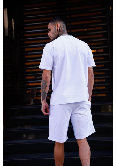 Beyaz Renk Bisiklet Yaka Şort Tişört Takım-1704 Beyaz
