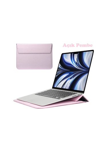 Macbook Pro 14 İnç M3 A2992 A2918 Uyumlu Deri Mıknatıslı Çanta Stantlı Şık Tasarım Açık Pembe