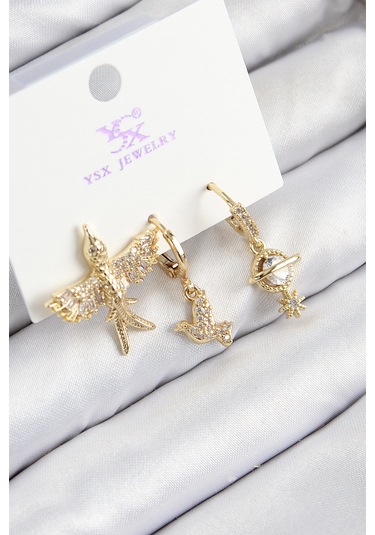 Pirinç Zirkon Taşlı 3'lü Kuş Model Gold Renk Kadın Küpe Çok Renkli