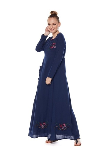 Şile Bezi Lacivert Uzun Kollu Nakış Detaylı Elbise