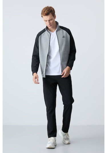 Tommy Life Gri Melanj - Siyah Dik Yaka Çift Renk Rahat Form Klasik Paça Erkek Eşofman Takımı - 85113 Gri - Siyah