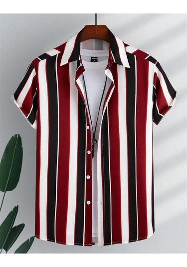 Snapbuy 2025 Erkek 3d Havai Gömlek - Basit Çizgili, Gevşek Nefes, Yazlık Kısa Kollukırmızı Kırmızı