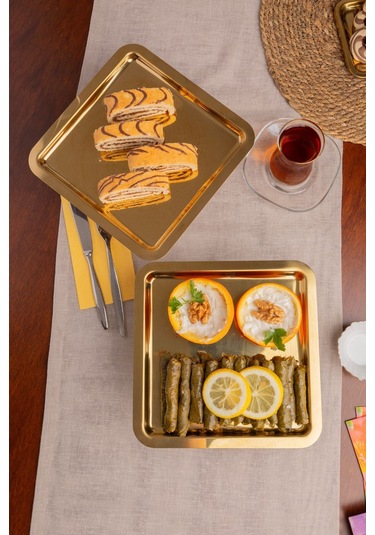 2'li Gold Kare, Ayaklı Şık Kek, Pasta, Kurabiye Ve Tatlı Servis Sunum Standı Gold