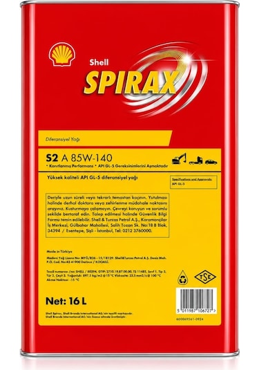 Shell Spırax S2 A 85w-140 Şanzıman Yağı 16 L