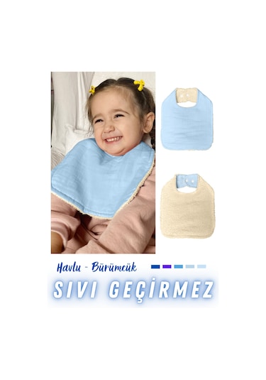 Pamuklu Sıvı Geçirmez Mama Önlüğü Bürümcük-havlu Çift Yönlü M-bej Mavi - Bej