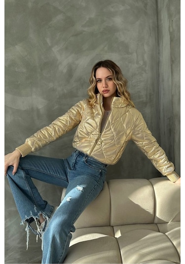 Topshow Modern Deri Görünümlü Mont Gold
