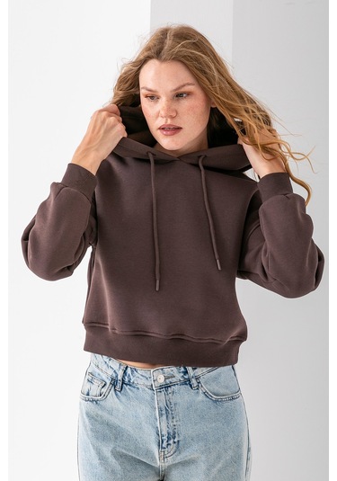 Kadın Kapüşonlu 3ip Şardonlu Crop Sweatshirt Kahverengi - 2612 Kahverengi