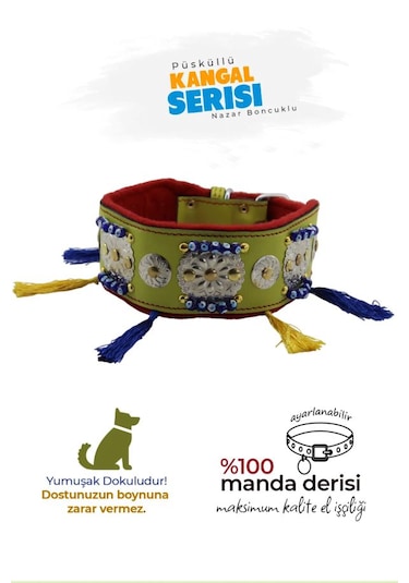 Kangal Malaklı Akbaş Püsküllü Deri Boyun Tasması Yeşil Açık Yeşil