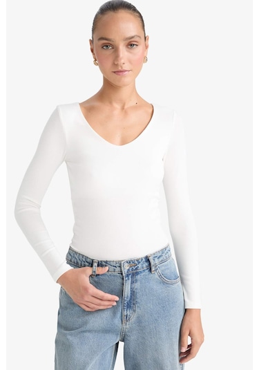 Defacto Slim Fit Dar Kesim Basic Düz Modal Uzun Kollu Tişört F7153ax25auer105 Ekru