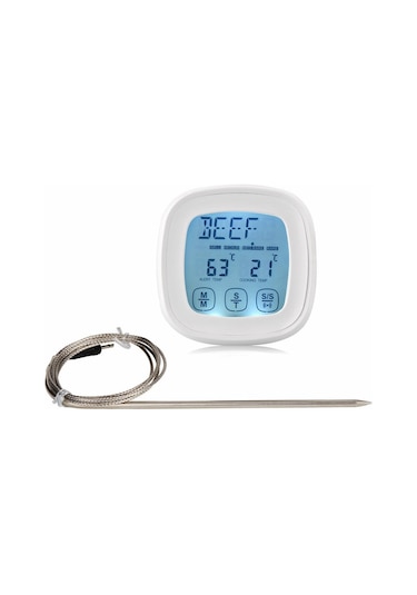 Yaleker Beyaz Dokunmatik Ekranlı Mutfak Termometresi - Isı Ölçer, Zamanlayıcı, Su Geçirmez Prob Sn124 - Pil Dahil Değil