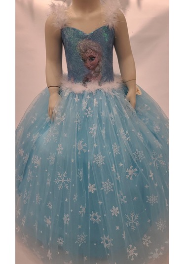 Kız Çocuk Tarlatanlı Simli Frozen Abiye-8076-mavi Mavi