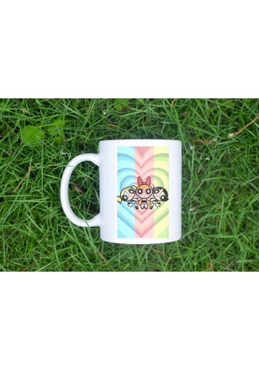 Powerpuff Girls Gökkuşağı Desenli Renkli Kupa Bardak - Eğlenceli Güçlü Kadın Hediye Beyaz