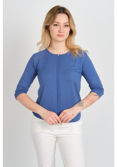 Sistas Kadın Omuz Ve Kolları Tül Detaylı Beli Lastikli Truvakar Kol Bluz 23321 Indigo Indigo