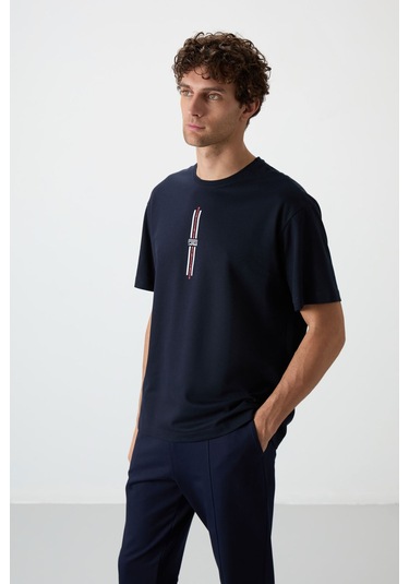 Tommy Life Lacivert Pamuklu Kalın Yüzeyi Dokulu Oversize Fit Baskılı Erkek T-shirt - 88366 Lacivert