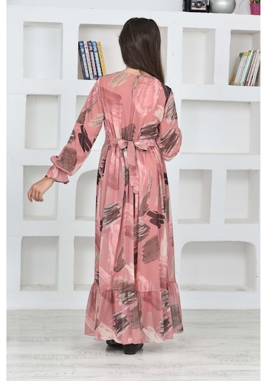 Genç Kız Pamuk Astarlı Şifon Kumaş Uzun Tam Boy Tesettür Elbise Pudra