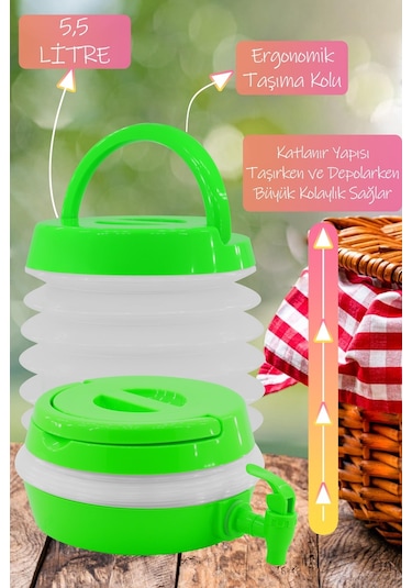 Musluklu Katlanır Su Bidonu Outdoor Akordiyon Kamp Çeşme Piknik Damacana İçecek Şişesi Kova Yeşil