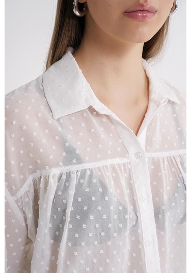 4678 Kadın İnce Desenli Robalı Yazlık Transparan Gömlek Beyaz Beyaz