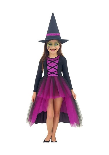 Cadılar Bayramı Halloween Fuşya-siyah Şapkalı Cadı Kız Çocuk Kostümü