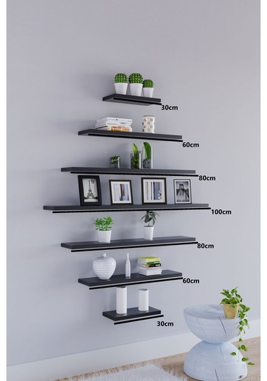 Yankı-BYEG 7li Mat Siyah Mdf Duvar Rafı Gizli Bağlantı Kitaplık