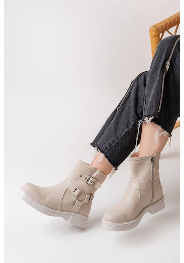 02-2013 Bej Toka Aksesuarlı Fermuarlı Günlük Kadın Bot-bej Bej