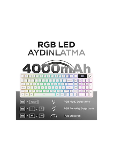 Hk258 Membrane Lcd Rgb Kablosuz/bluetooth Beyaz Full Türkçe Gaming Oyuncu Klavye