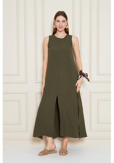 Kadın Sıfır Kol Aerobin Kumaş A Kesim Yırtmaçlı Maxi Yazlık Elbise 3760330 Haki