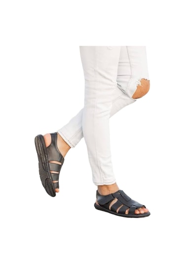 Erkek Hakiki Deri Cırtlı Sandalet Siyah-siyah Siyah