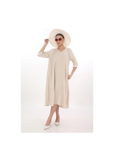 İtalyan V Yaka Uzun Kol Keten Elbise-8907 KREm Krem