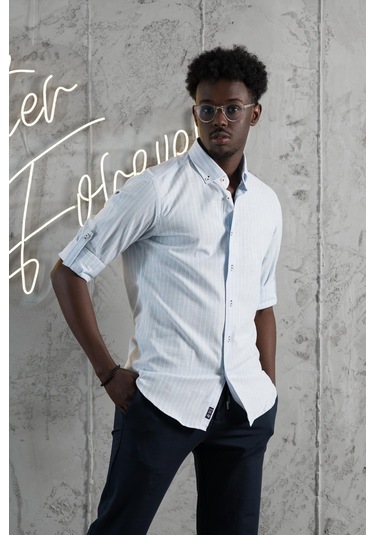 Advante Çizgili Yaka Düğmeli Katlamalı Kol Pamuklu Slimfit Yazlık Keten Gömlek Mavi