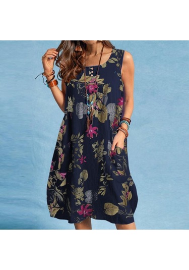 Lacivert Zanzea Kadın Günlük Çiçek Baskı Yaz O-boyun Kolsuz Elbise