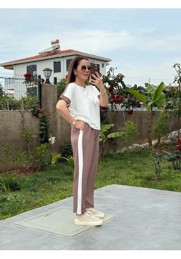 Defymoda Kadın Modal Dokulu Kumaş Yanı Şeritli Takım Sütlü Kahve