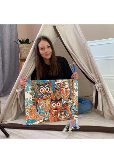 Sayılarla Boyama Seti 40 X 50 Cm Tuval Şasesine Gerili Baykuşlar