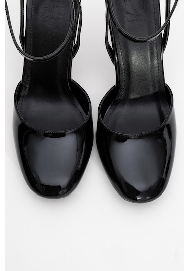 Blues Siyah Rugan Yuvarlak Burun Bilekten Bağlamalı Kadın Yüksek Topuklu Ayakkabı Siyah Rgn Siyah