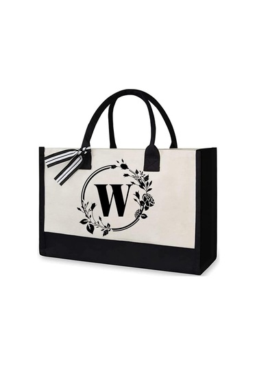 Tuval El Çantası Mektuplar Çiçek Taşınabilir Plaj Omuz Alışveriş Tote Çanta W A433 Siyah