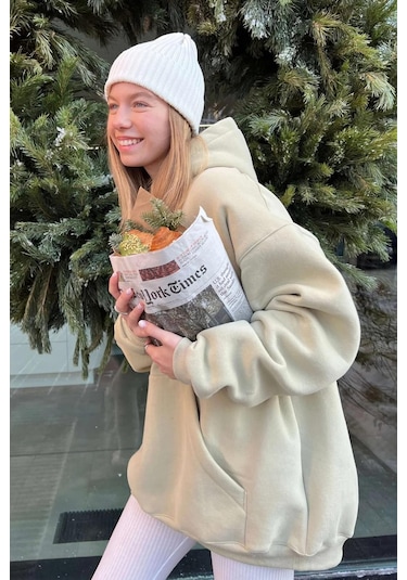 Madmext Bej Kapüşonlu Şardonlu Oversize Sweatshirt Mg1566 Bej