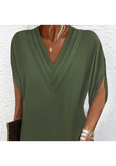 Kadın Elbise V Yaka Pilili Yarım Yarasa Kollu Düz Renk Gevşek Yumuşak Nefes İşe Gidip Diz Üstü Mini Elbise Siyah