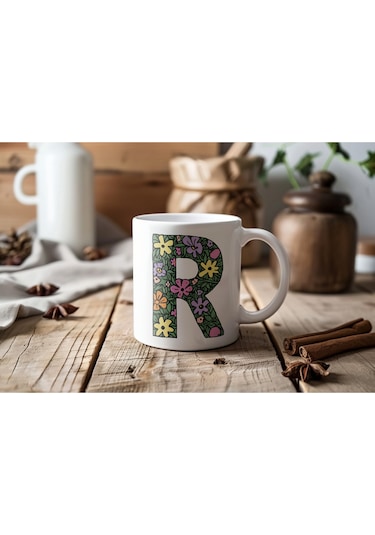 R Baş Harf Çiçek Desenleri İle Natural Tarz Kupa Bardak - Kişiye Özel Çiçekli Kahve Çay Bardak - Beyaz