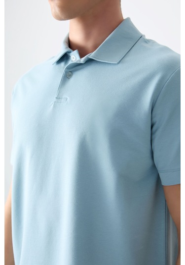 Açık Mavi Pamuklu Kalın Yumuşak Dokulu Polo Yaka Oversize Fit Basic Erkek T- Shirt - 88381 Açik Mavi