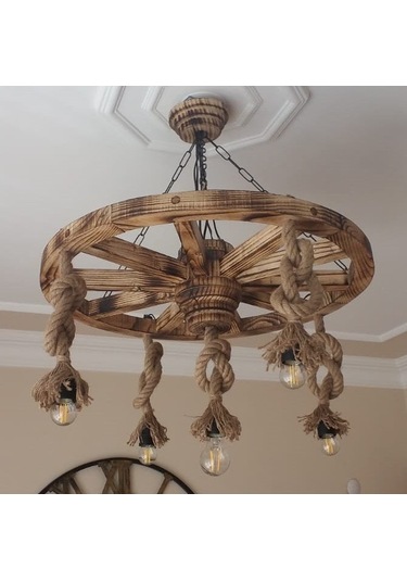 Otantik Çarşı Ahşap Halatlı Teker Avize 70 Cm. 5'Li