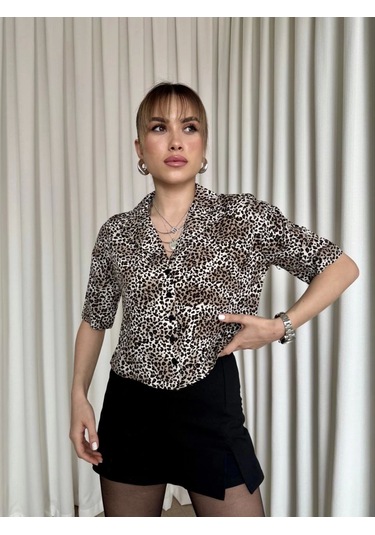 Leopar Desenli Crop Gömlek Kahve