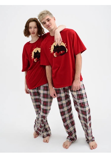 Sunnydress Official Oversize Pamuklu Pijama Pantolonlu Kedi Desenli 279638356 Bordo