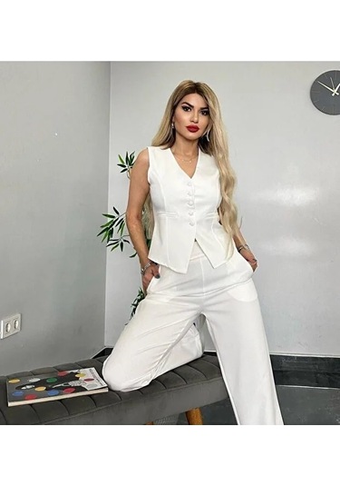 Kadın Yelek Pantolon Takım Kadın Şık Yelekli Takım - Dar Kalıptır Beyaz Beyaz