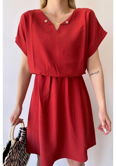 Kadın Mercan Kısa Kol, Kalp Yaka, Dokulu Desen, Bele Oturan, Aerobin Lastikli Bel Midi Elbise Mercan