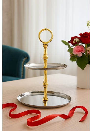 2 Katlı Yuvarlak Paslanmaz Çelik Sunumluk,kurabiyelik,makaronluk,söz,nişan Masa Aksesuarı,çeyizlik Gold
