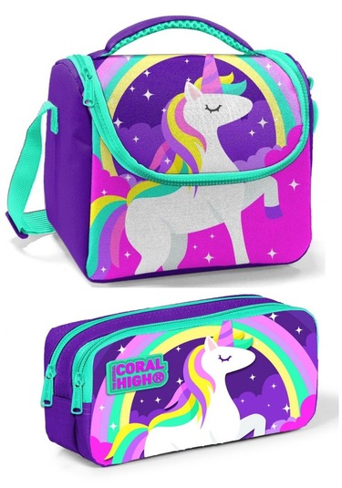Coral High Mor Pembe Unicorn Kız Çocuk Beslenme Çantası Seti Çok Renkli