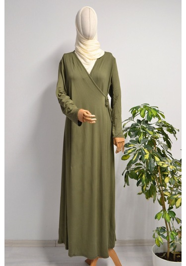 Kadın Yandan Bağlamalı Pamuklu Penye Namaz Elbisesi 38-48 Beden Yeşil