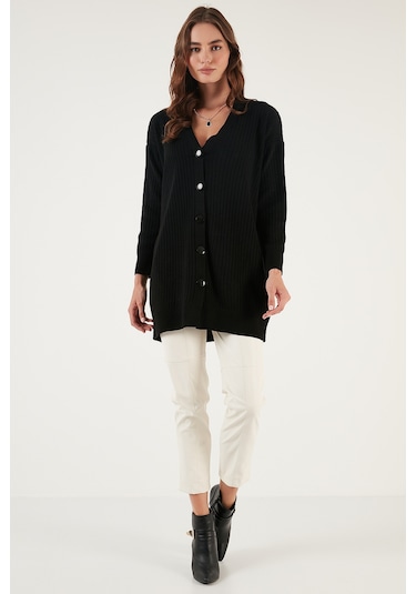 Lela V Yaka Düğmeli Uzun Triko Bayan Hırka 4616040Y Siyah