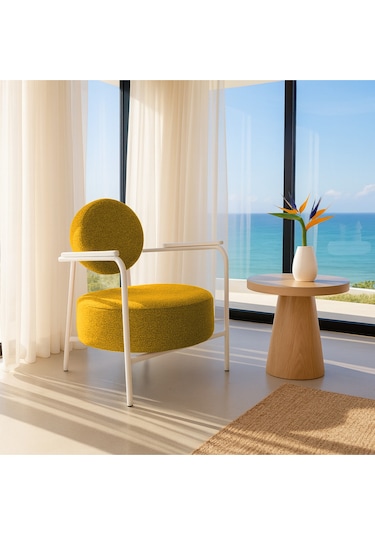 Venüs Modern Berjer Soft Kumaş Beyaz Metal Ayaklı Koltuk Ev & Ofis Sarı Sarı