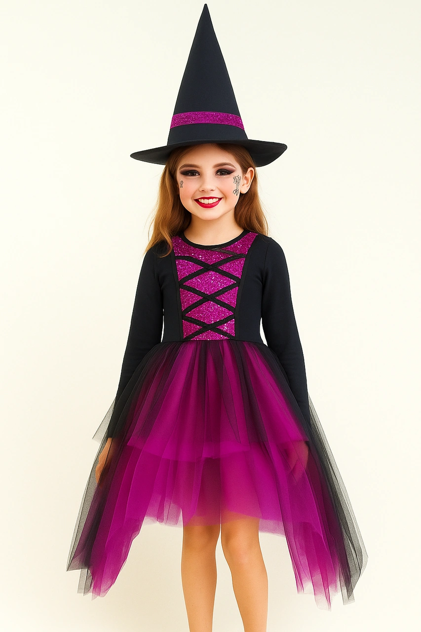 Gala Cadı Kostümü A10-11 Yaş Fuşya Siyah Şapkalı