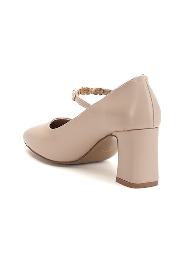 Kadın Stiletto Topuklu Ayakkabı Bej Suni Deri Baret Taşlı Kalın Topuklu-4173 Bej